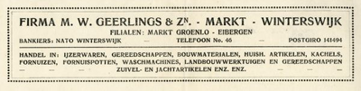 0043-0007 Firma M.W. Geerlings & Zn. Handel in: IJzerwaren, Gereedschappen, Gereedschappen, Bouwmaterialen, Huish. ...