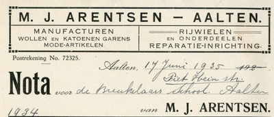 0043-0016 M.J. Arentsen. Manufacturen Wollen- en Katoenen garens Mode artikelen Rijwielen en onderdeelen Reparatie-inrichting