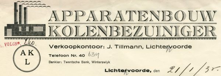 0043-0634 Apparatenbouw Kolenbezuiniger Verkoopkantoor J. Tillmann