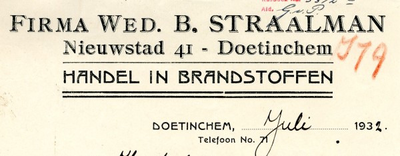 0043-0821 Firma Wed. B. Straalman Handel in Brandstoffen