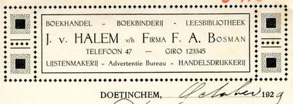 0043-0952 J. v. Halem v/h Firma F.A. Bosman. Boekhandel leesbibliotheek lijstenmakerij advertentiebureau handelsdrukkerij