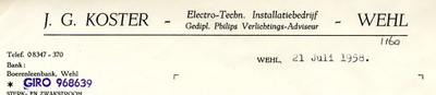 0043-1160 J.G. Koster Electro-Techn. Installatiebedrijf Gedipl. Philips Verlichtings-Adviseur