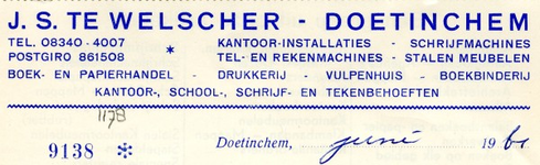 0043-1178 J.S. te Welscher Kantoorinstallaties Schrijfmachines Stalen meubelen Tel- en rekenmachines Drukkerij ...