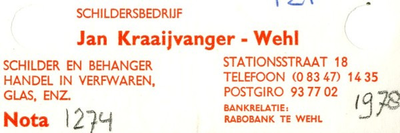 0043-1274 Schildersbedrijf Jan Kraaijvanger Schilder en Behanger Handel in Verfwaren Glas enz.