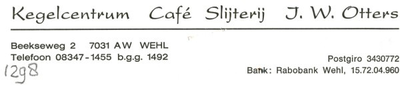 0043-1298 Kegelcentrum Café Slijterij J.W. Otters