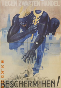 1012 Affiche houdende de kreet 'Tegen zwarten handel, bescherm hen' met de afbeelding van de duivel die mensen pakt. ...