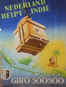1049 Affiche houdende de oproep voor donatie voor 'Nederland helpt Indië' op giro 500500 met de afbeelding van een kist ...