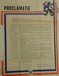 1095 Proclamatie uitgaande van de Vertrouwensmannen der Regeering op den dag der bevrijding houdende de tekst over de ...