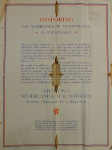 1101 Affiche uitgaande van Stichting Nederlandsch Kunstbezit houdende de oproep tot opsporing van Nederlandsche ...