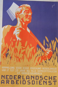 996 Affiche houdende de oproep voor aanmelding bij de Nederlandsche Arbeidsdienst (NAD) met de afbeelding van een man ...