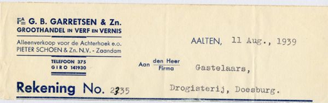 0684-0098 Fa. G.B. Garretsen & Zn. Groothandel in verf en vernis. Alleenverkoop voor de Achterhoek e.o. Pieter Schoen & ...