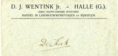 0684-0495 D. J. Wentink Jr. Rijks Gediplomeerd Hoefsmid Handel in Landbouwwerktuigen en Rijwielen