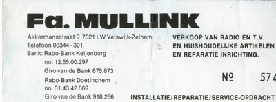 0684-0889 Fa. Mullink Verkoop van Radio en TV en Huishoudelijke artikelen en Reparatie inrichting