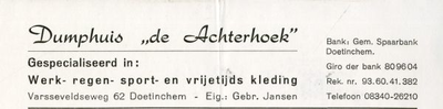 0684-0914 Dumphuis De Achterhoek Gespecialiseerd in werk-, regen-, sport- en vrijetijdskleding. Eig. Gebr. Jansen