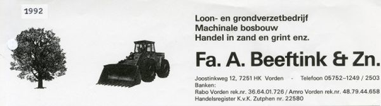 0684-1033 Fa. A. Beeftink & Zn. Loon- en grondverzetbedrijf Machinale bosbouw Handel in zand en grint enz