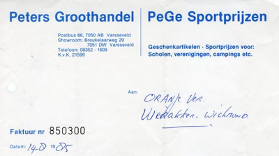 0684-1105 Peters Groothandel PeGe Sportprijzen Geschenkartikelen - Sportprijzen voor: Scholen, verenigingen, campings etc