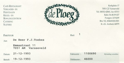 0684-1254 de Ploeg Café-restaurant Vergader- en feestzalen Kegel- en bowlingcentrum Catering Slijterij