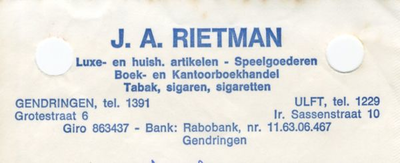 0684-1381 J.A. Rietmand Luxe- en huish. artikelen - Speelgoederen Boek- en Kantoorboekhandel Tabak, sigaren, sigaretten