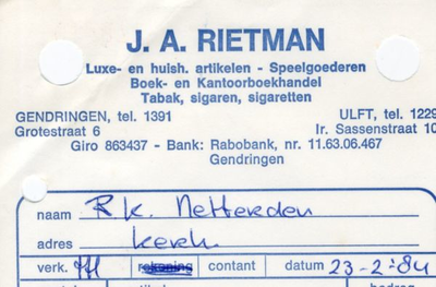 0684-1447 J.A. Rietman Luxe- en huish. artikelen - Speelgoederen - Boek- en kantoorboekhandel - Tabak, sigaren, sigaretten