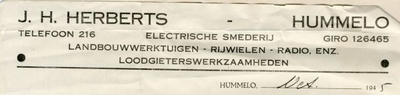 0684-1501 J.H. Herberts Electrische smederij Landbouwwerktuigen Rijwielen Radio enz. Loodgieterswerkzaamheden