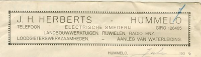 0684-1503 J.H. Herberts Electriache Smederij Landbouwwerktuigen Rijwielen Radio enz. Loodgieterswerkzaamheden Aanleg ...