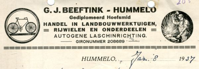 0684-1649 G.J. Beeftink Gediplomeerd Hoefsmid Handel in landbouwwerktuigen Rijwielen en onderdelen Autogene laschinrichting