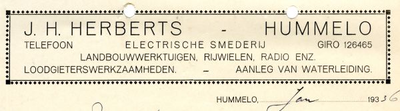 0684-1651 J.H. Herberts Electrische smederij Landbouwwerktuigen Rijwielen Radio enz. Loodgieterswerkzaamheden Aanleg ...