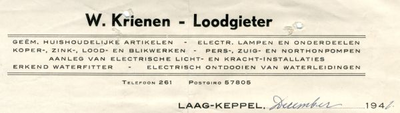 0684-1667 W. Krienen - Loodgieter Geëm. huishoudelijke artikelen - Electr. lampen en onderdelen Koper-, Zink-, en ...