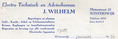 0684-1705 Electro-Technisch en Adviesbureau J. Wilhelm Begrotingen en plannen Licht, Kracht, Schel- en ...