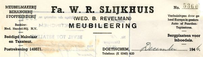 0684-1730 Fa. W.R. Slijkhuis (wed. B. Revelman) Meubileering Behangerij Stoffeerderij Verhuizingen door geheel Europa ...