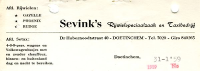 0684-1823 Sevink's Rijwielspeciaalzaak en Taxibedrijf Afd. Rijwielen Gazelle Phoenix Rudge Afd. Setax: 4-6-9-pers. ...