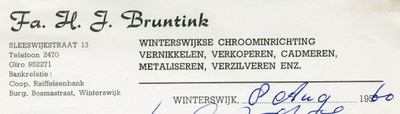 0684-2534 Fa. H.J. Bruntink Winterswijkse Chroominrichting, Vernikkelen, Verkoperen, Cadmeren, Metaliseren, Verzilveren enz.