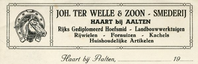 0684-2913 Joh. ter Welle & Zoon - Smederij Rijks Gediplomeerd Hoefsmid - Landbouwwerktuigen - Rijwielen - Fornuizen - ...