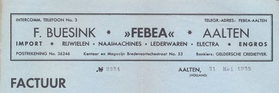 00016 F. Buesink, Febea . Import, rijwielen, naaimachines, lederwaren, electra engros