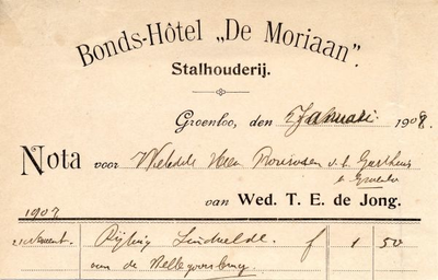 00915 Bonds-hotel De Moriaan. Stalhouderij. Wed. T.E. de Jong