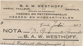 00999 B.A.W. Westhoff. March. tailleur. Hoeden- en pettenmagazijn. Heeren- en modeartikelen