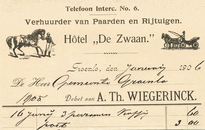01012 A.Th. Wiegerinck. Hotel De Zwaan . Verhuurder van paarden en rijtuigen