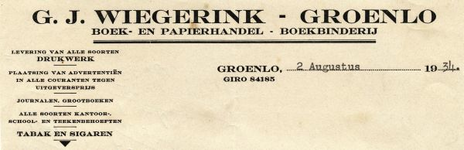 01017 G.J. Wiegerink. Boek- en papierhandel. Levering van alle soorten drukwerk. Plaatsing van advertentiën in alle ...