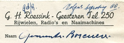01289 G.H. Roessink. Rijwielen, radio's en naaimachines