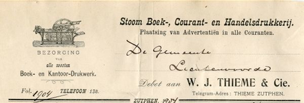 0849-3746 W.J. Thieme & Cie., stoom boek-, courant- en handelsdrukkerij, plaatsing van advertentiën in alle couranten