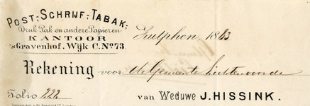 0849-3828 Wed. J. Hissink. Post-, schrijf-, tabak; Druk-, pak- en andere papieren