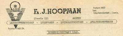 0849-3844 Fa. J. Hoopman, Landbouwwerktuigen - ijzerwaren - ijzerconstructies - afrasteringwerken