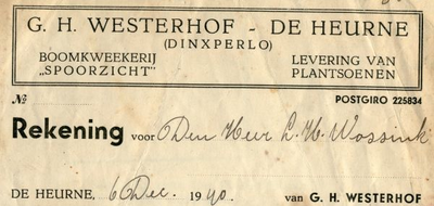 0849-3847 G.H. Westerhof, boomkweekerij Spoorzicht - levering van plantsoenen