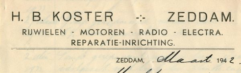 0849-3943 H.B. Koster. Rijwielen - motoren - radio - electra. Reparatie-inrichting