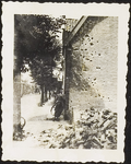 1227 Scherpenzeel; een huis vol kogelgaten langs de hoofdstraat. Man leunend tegen muur is Sierd Veldman