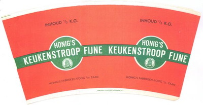 157 Bekermantel: Honig's Fijne keukenstroop. Inhoud 1/2 k.g. Honing's Fabrieken Koog a.d. Zaan