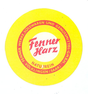 158-9 Beker-rondel: Fenner Harz. Naturrein. Fenner Werke, Süsswaren und Genussmittel GMBH. Völklingen (Saar)