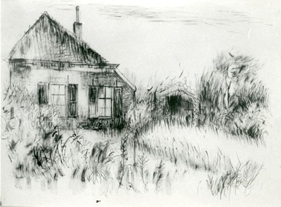 1095-17-0369 Het woonhuis van dr. A. Meinders. Tekening, vlak voor de afbraak gemaakt door jvr. Agnes van den Brandeler ...