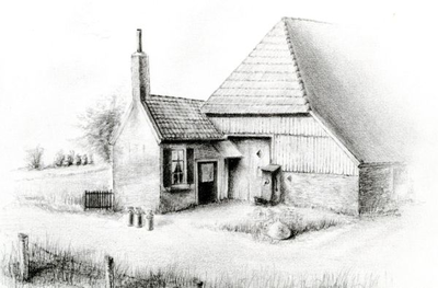 1095-40-0688 Een tekening van het boerderijtje De Blikken Piepe, een schuur met een endskamerachtige aanbouw voor bewoning