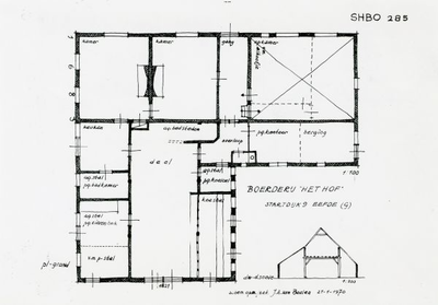 1095-40-0921 Plattegrond en doorsnee van boerderij en muldershuis Het Hof, opgemeten door J.A. van Beelen van het N.O.M.